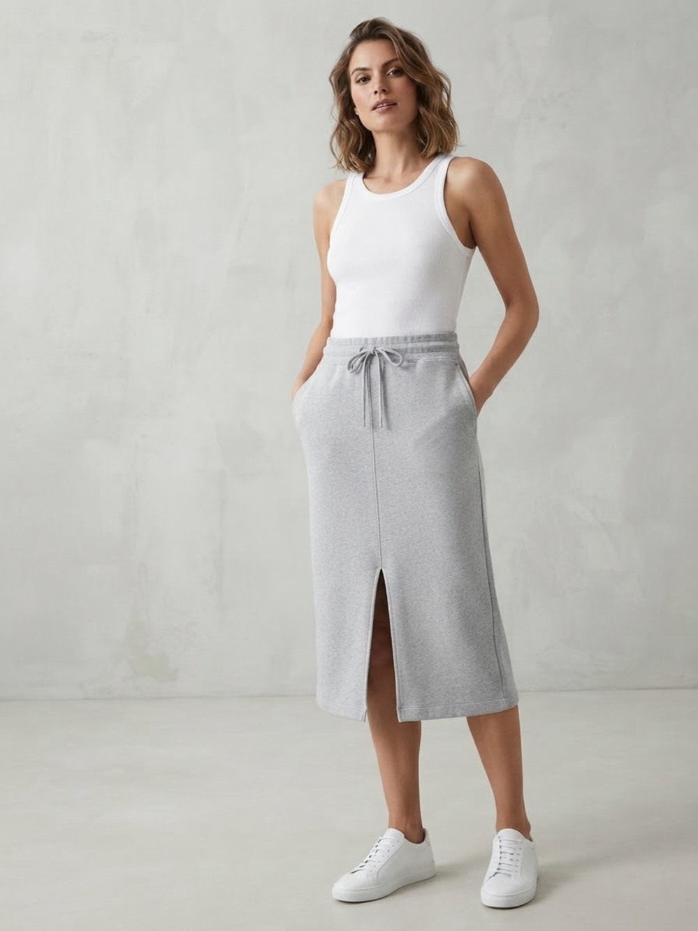 Reiss Clara Grey Jersey Midi Sweat Skirt Drawcord Front Split Size XL